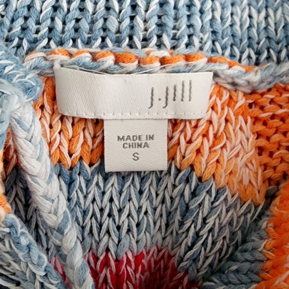 J. Jill Striped Tie Mock Neck Sweater Blue Orange Pink Linen Cotton - Picture 4 of 6
